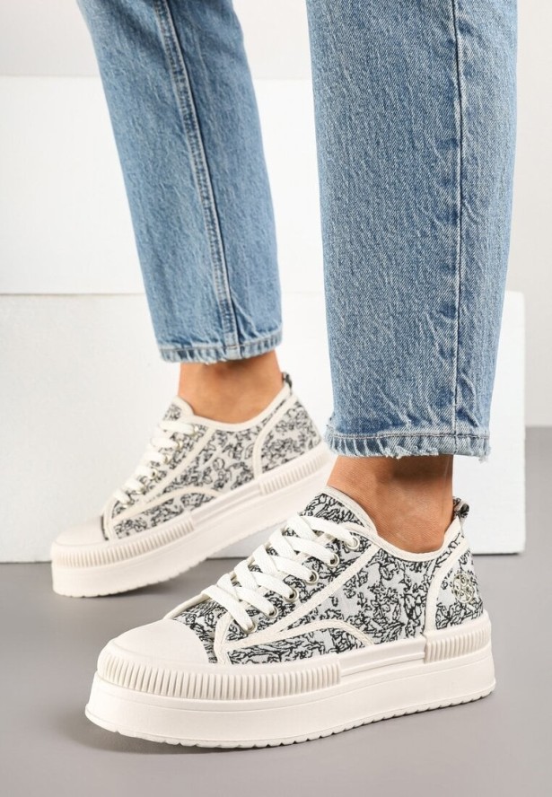 Beżowo-Czarne Trampki na Platformie z Abstrakcyjnym Wzorem Wulinea