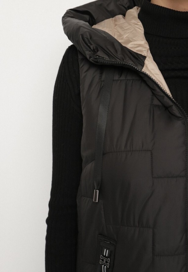 Czarna Pikowana Kamizelka z Kapturem i Sznurkami Imvila