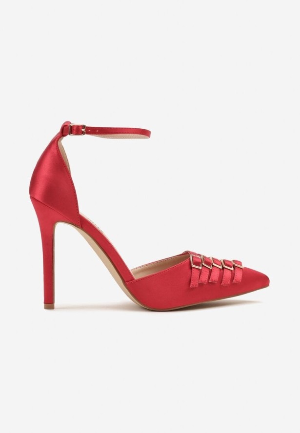 Czerwone Satynowe Szpilki z Ozdobnymi Klamrami Liovirae