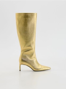 Skórzane kozaki na szpilce - złoty