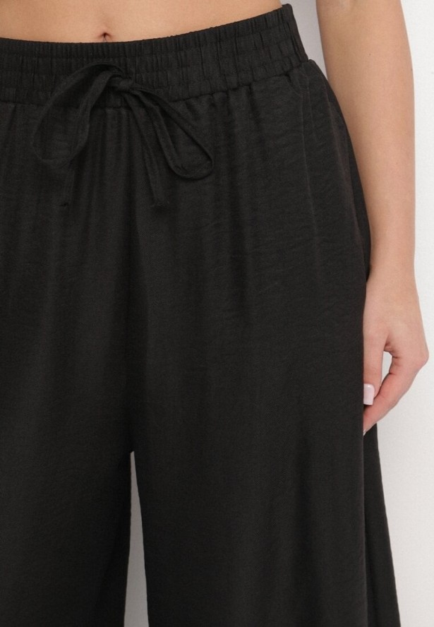 Czarne Spodnie o Szerokim Kroju z Wysokim Stanem i Wiązaniem Telarieta