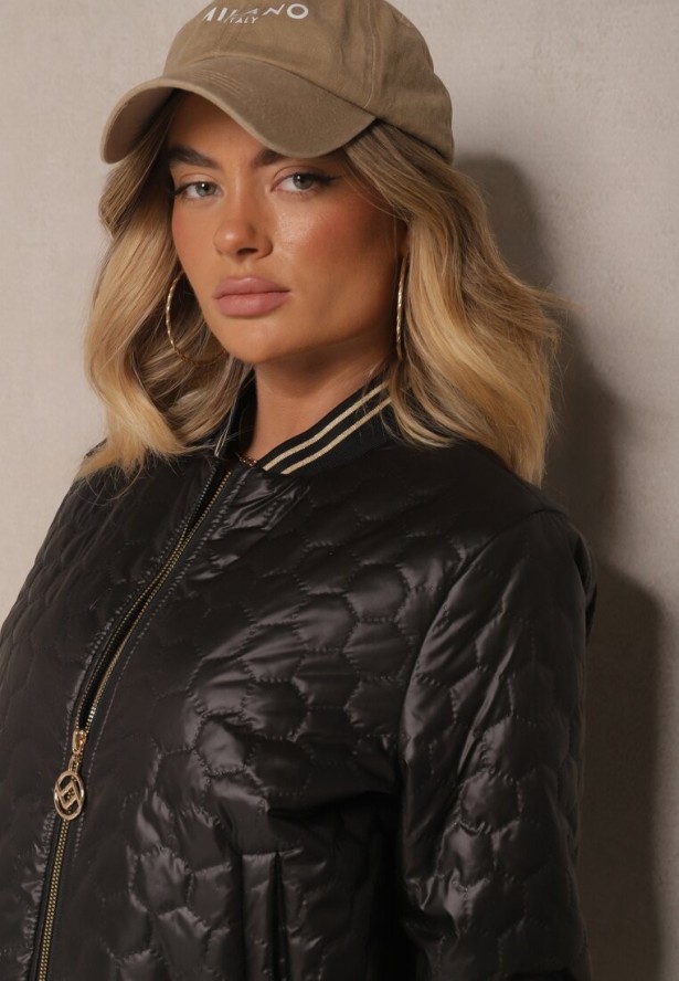 Czarna Pikowana Kurtka Bomberka z Metaliczną Nicią Desalina