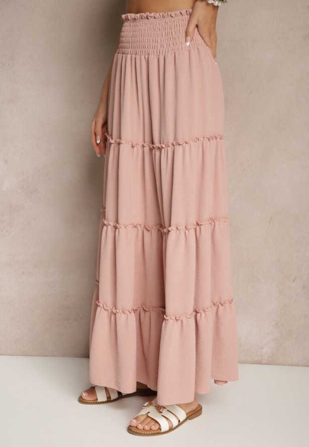 Różowa Rozkloszowana Spódnica z Gumką w Talii Zdobiona Falbanami Dovinelle