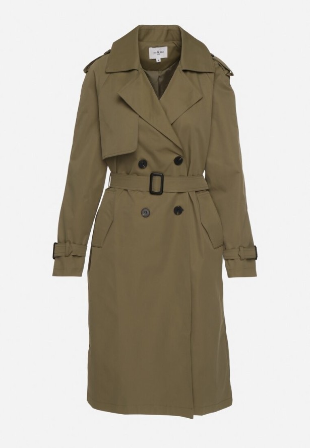 Ciemnozielony Płaszcz Trencz z Wiskozą o Klasycznym Kroju z Paskiem Mabbea