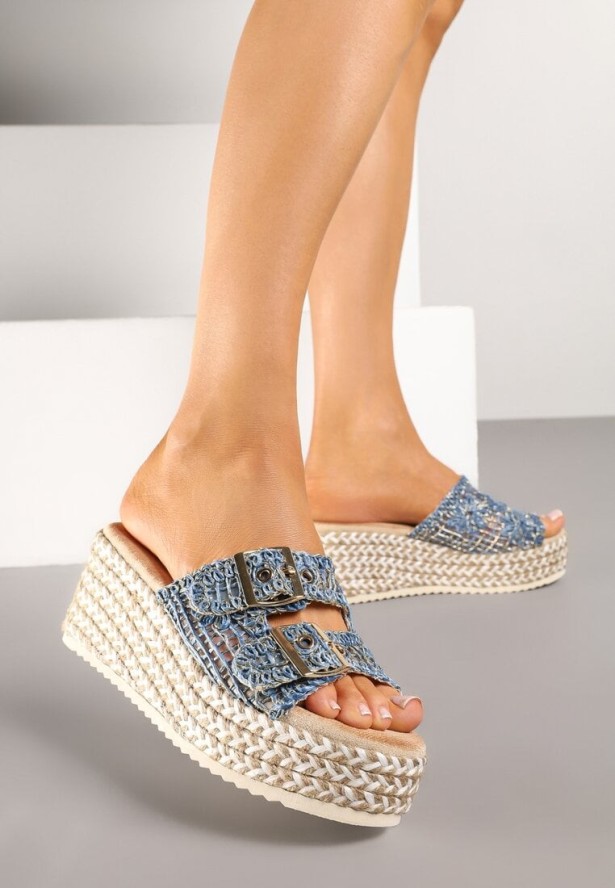 Niebieskie Tweedowe Klapki na Koturnie z Plecionką Desinora