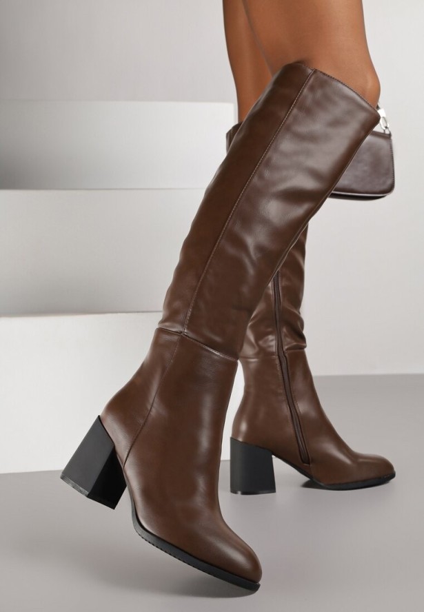 Brązowe Kozaki Vices na Obcasie Ozdobione Przeszyciami Cidvira