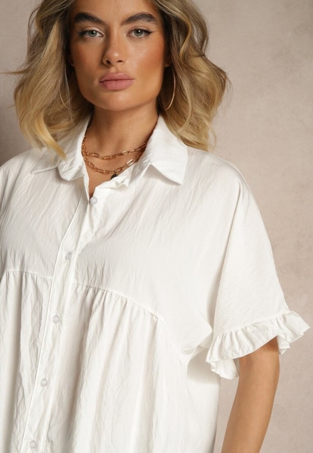 Biała Koszula z Wiskozą Ozdobiona Falbankami Oleldi