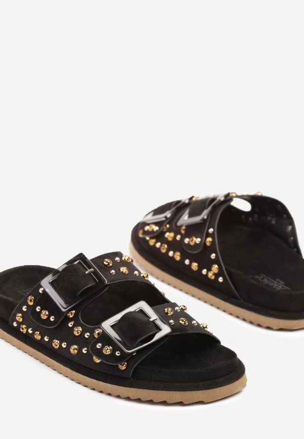 Czarne Klapki z Metalicznymi Ozdobami i Klamrami Elliva