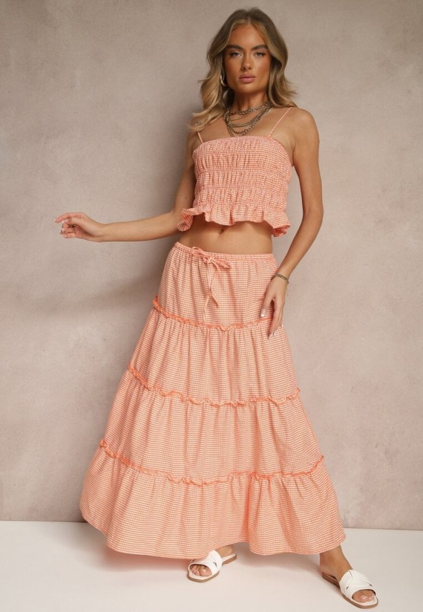 Pomarańczowy Komplet z Bawełny w Kratkę Vichy Top i Spódnica z Falbankami Frosirae