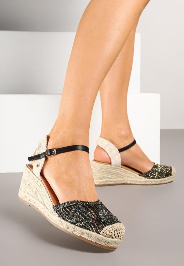 Czarne Ażurowe Sandały w Stylu Boho na Koturnie z Plecionki Tenalisea