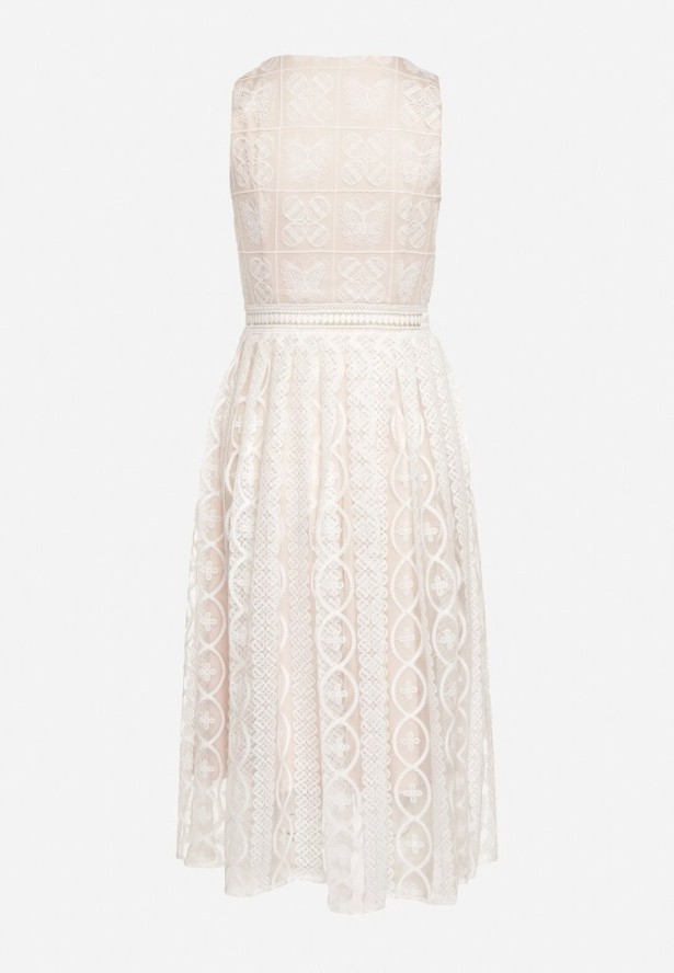 Jasnobeżowa Rozkloszowana Sukienka z Plisowanym Dołem i Ozdobnymi Haftami Asorasia