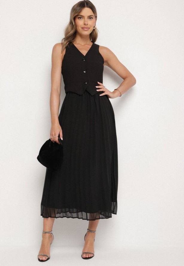 Czarna Plisowana Sukienka z Wiskozy z Wszytą Kamizelką Silanda