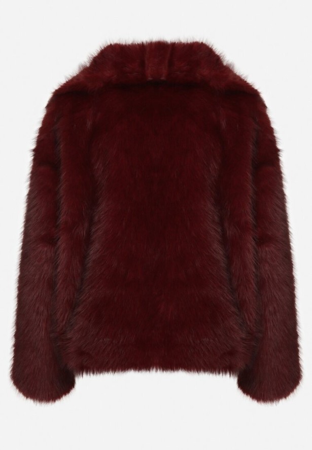 Bordowa Futrzana Kurtka z Szerokim Kołnierzem Merionnie