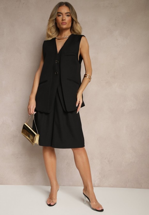 Czarna Garniturowa Kamizelka z Ozdobnymi Kieszonkami i Guzikami Sonadorea