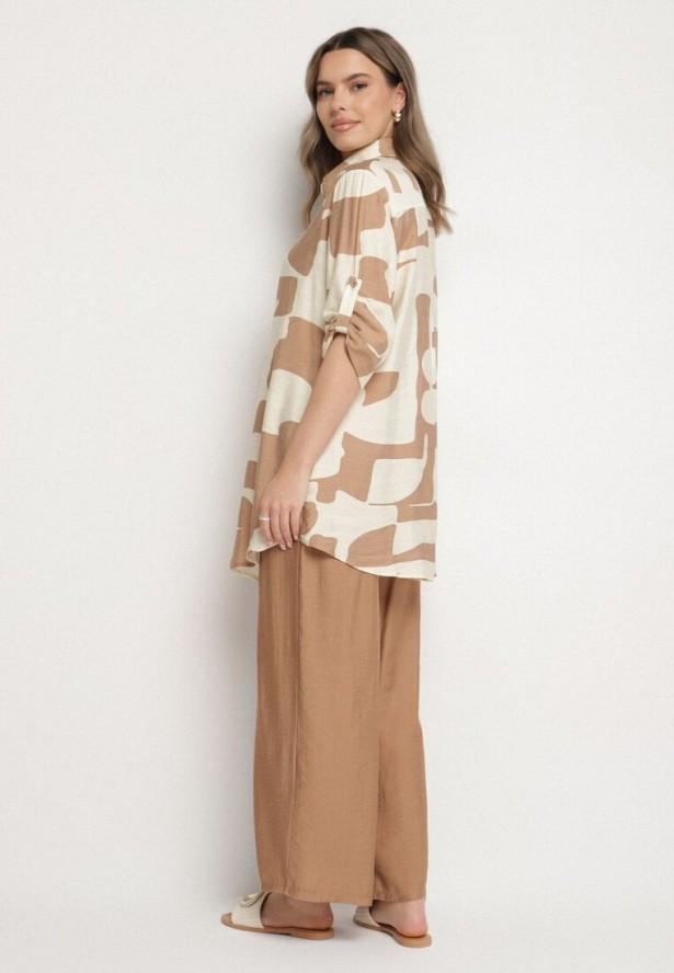 Jasnobeżowy Komplet z Wiskozą Koszula z Geometrycznym Wzorem i Spodnie Rinavinea