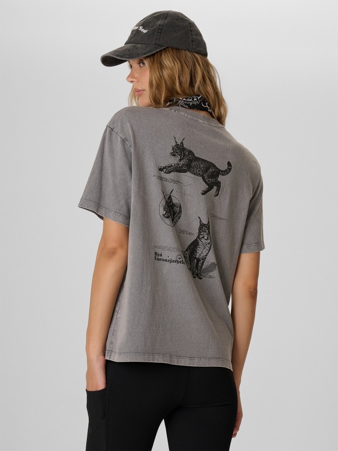 4F T-shirt loose z nadrukiem damski - szary XS