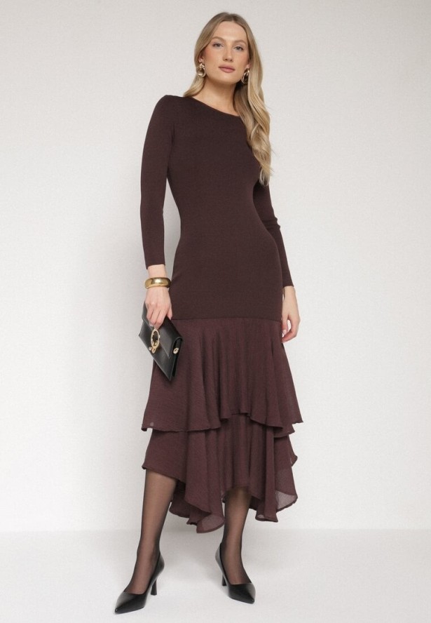 Brązowa Sukienka z Wiskozą o Dopasowanym Kroju z Falbanami u Dołu Vebmara