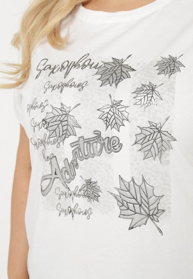 Biały T-shirt z Bawełny o Kroju Nietoperza z Metalicznym Nadrukiem Olisenia