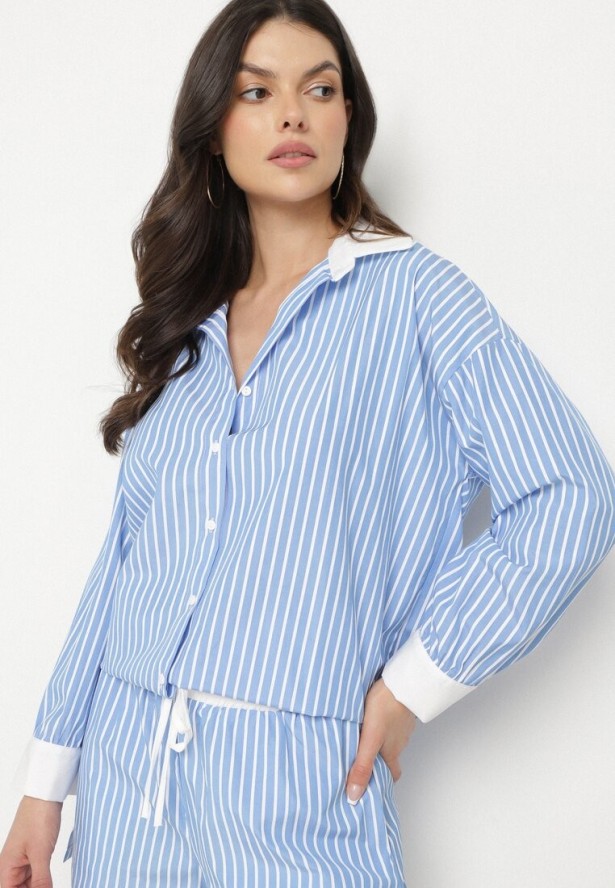 Niebieska Koszula w Paski o Kroju Oversize z Kontrastującymi Wstawkami Menestra