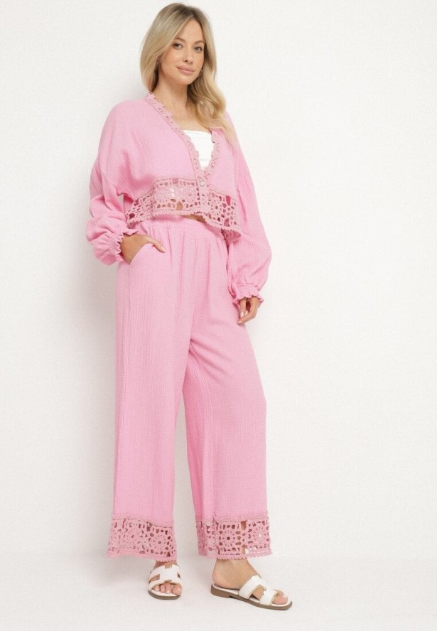 Różowy Bawełniany Komplet z Ażurowymi Zdobieniami Bluzka i Spodnie Palaniela