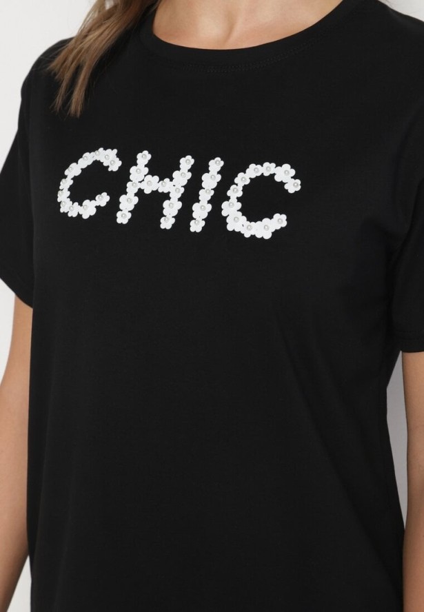 Czarny T-shirt Bawełniany z Napisem i Perełkami Nalinor