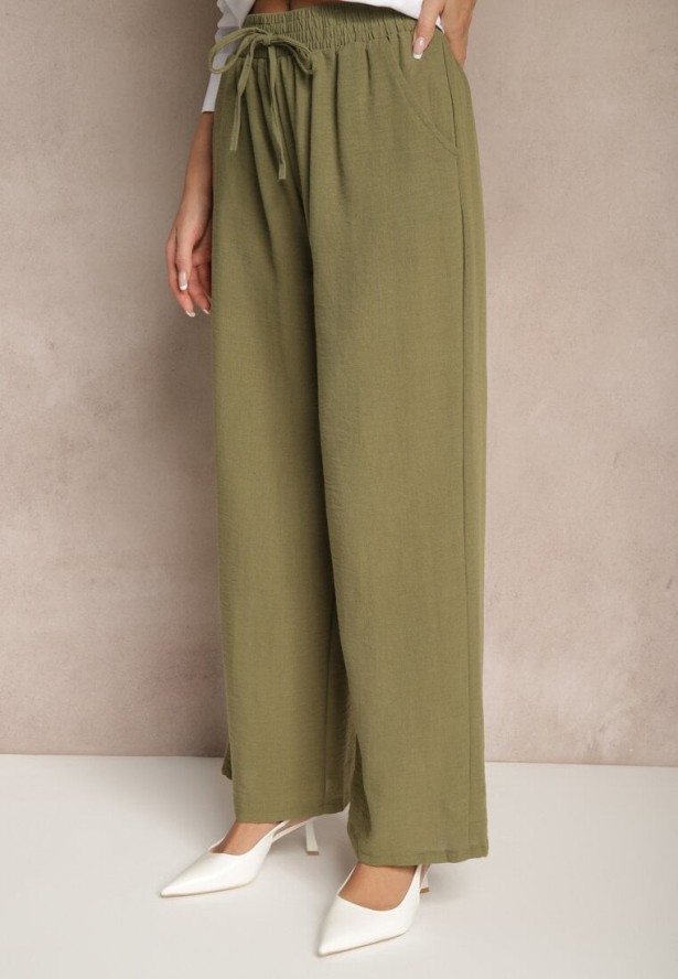 Zielone Szerokie Spodnie Palazzo High Waist z Ozdobnym Wiązaniem Arandiel