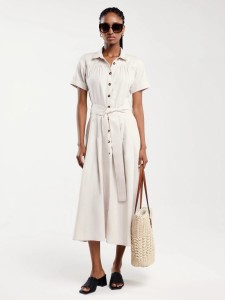 Sukienka damska midi lniana z wiązaniem w pasie beżowa Okire 800