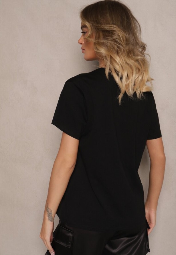 Czarny Bawełniany T-shirt z Napisem z Cekinami Marivinna