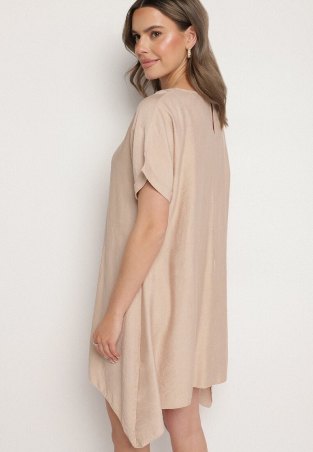 Beżowa Pudełkowa Sukienka z Asymetrycznym Dołem Iffusa
