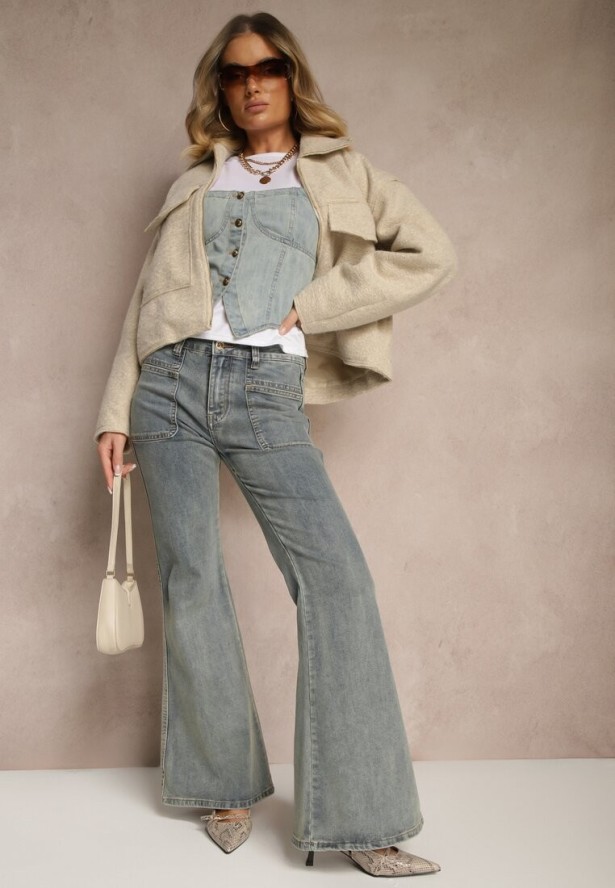 Beżowa Krótka Kurtka o Pudełkowym Kroju z Kołnierzykiem i Kieszeniami Nelilia