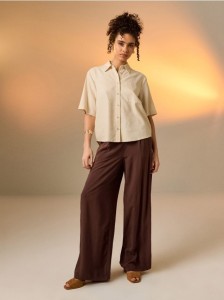 Wiskozowe spodnie wide leg - brązowy