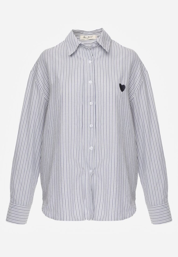 Niebieska Koszula z Bawełną w Paski z Haftowaną Aplikacją Serca Sewrona