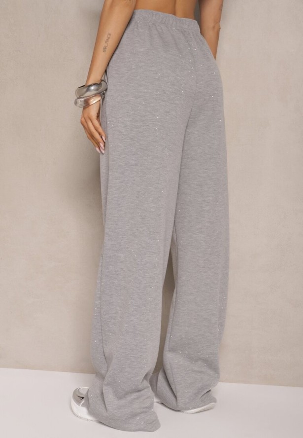 Szare Spodnie z Wiskozą o Szerokim Kroju z Cyrkoniami Zeleria