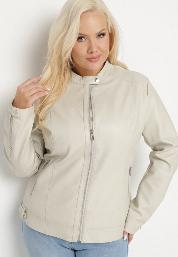 Jasnobeżowa Kurtka Ramoneska Bez Kołnierzyka z Suwakami na Rękawach Rilinne