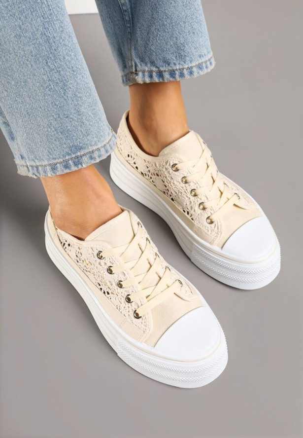 Beżowe Ażurowe Trampki na Platformie Felenna