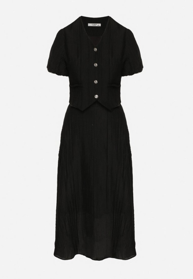 Czarny Wiskozowy Komplet z Rozkloszowaną Spódnicą i Koszulą Naniera