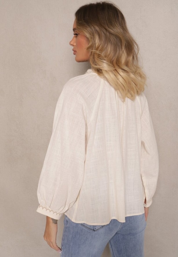 Beżowa Haftowana Bluzka z Bawełny z Wiązaniem Emvivia