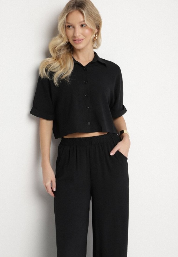 Czarny Komplet z Szerokimi Spodniami i Krótką Koszulą z Krótkim Rękawem Mirtebia