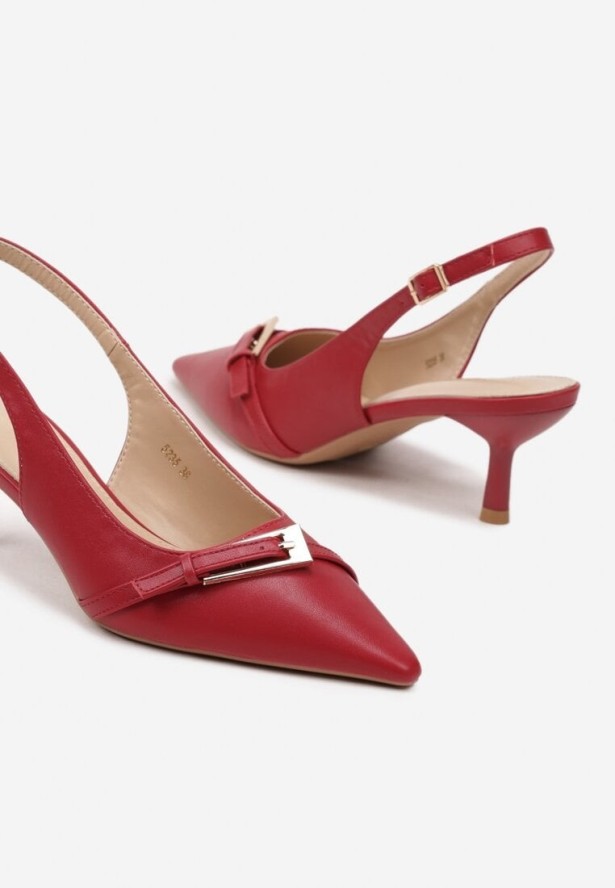 Czerwone Sandały na Szpilce Typu Slingback Ozdobione Paskiem z Klamrą Karilen