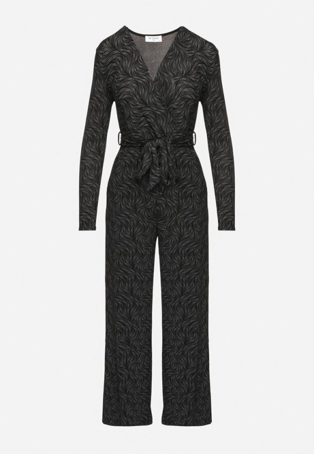 Czarny Kombinezon z Wiskozą o Kopertowym Kroju z Paskiem Zdobiony Metaliczną Nicią Loradi