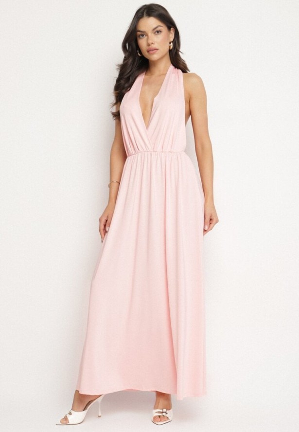 Różowa Koktajlowa Sukienka Multiway z Wiskozą i Wiązaniem na Szyi Lilazza