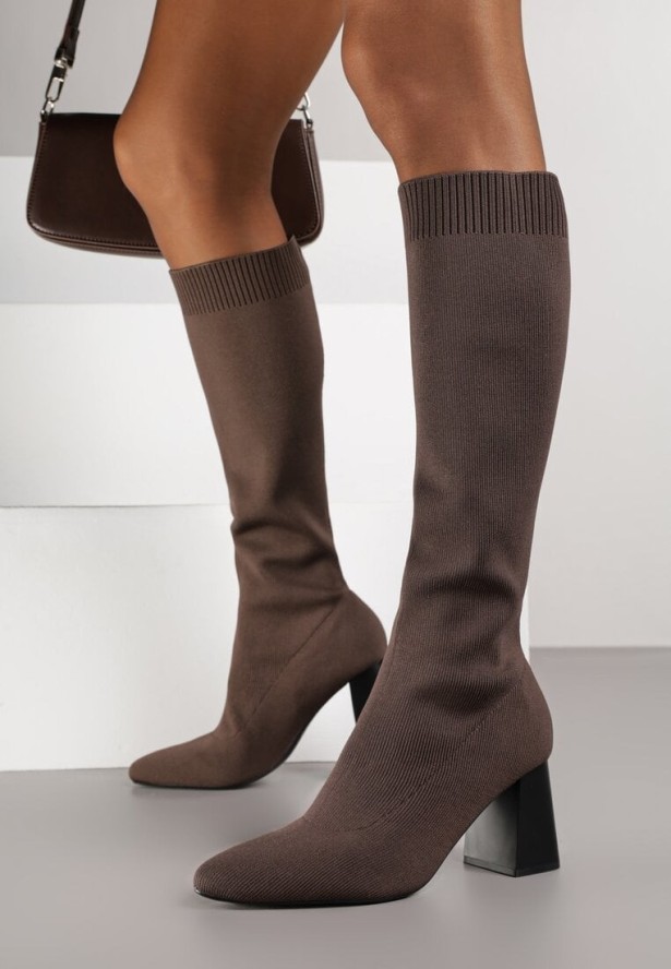 Brązowe Eleganckie Kozaki VICES na Słupku ze Skarpetkową Cholewką Mialles