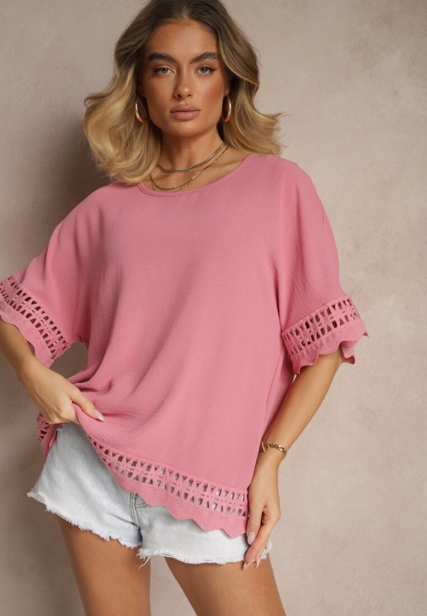 Różowa Bluzka Ozdobiona Ażurowymi Rękawami Vorana