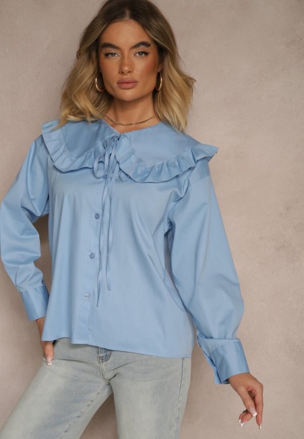 Niebieska Koszula z Bawełny w Stylu Retro z Wiązaniem i Kołnierzykiem z Falbankami Firsela