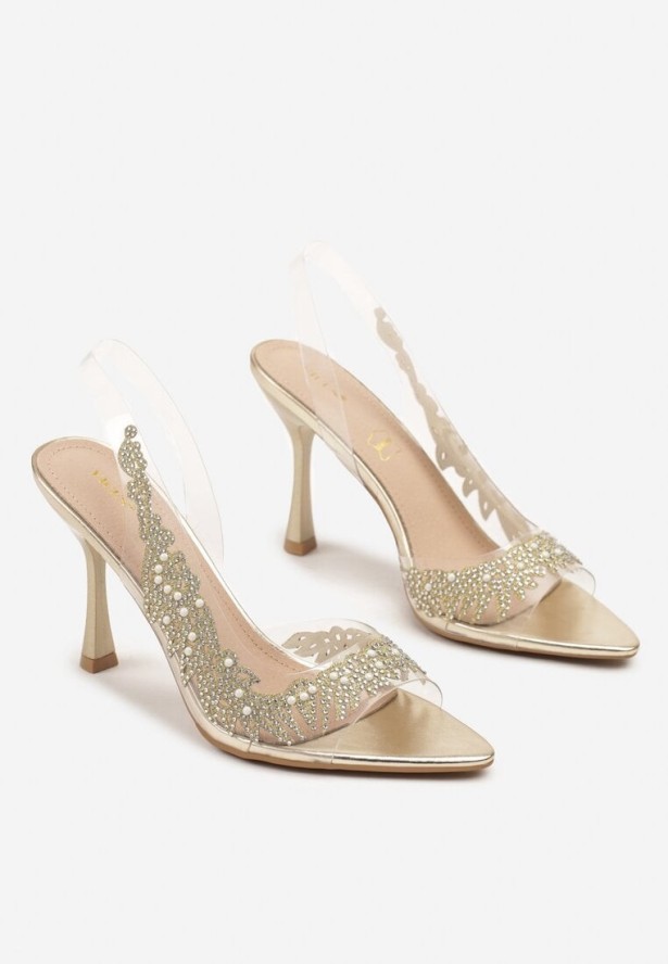 Złote Transparentne Sandały na Szpilce Vices ze Skórzaną Wkładką i Cyrkoniami Ovimara