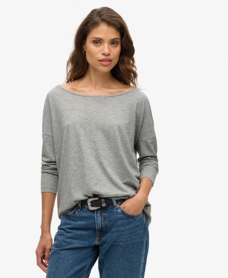 superdry Długi Rękaw Top Jersey z Bawełną i TENCEL™ Lyocell – Smoke Grey Marl