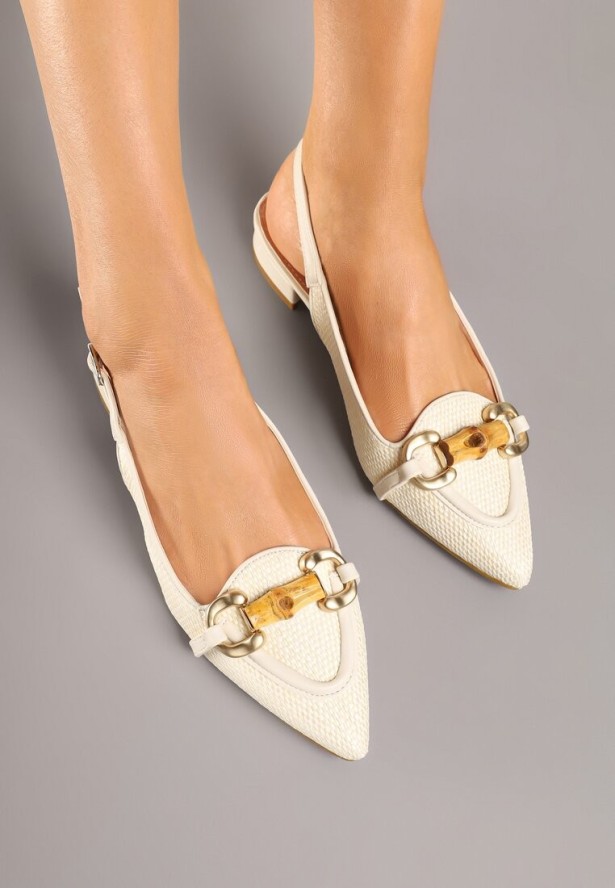 Beżowe Sandały z Noskiem w Szpic Zdobione Tweedem i Aplikacją Nilirith