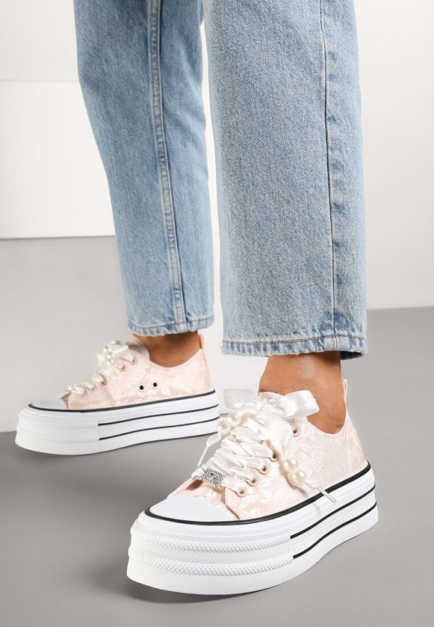 Różowe Trampki na Grubej Podeszwie z Perełkami Korami