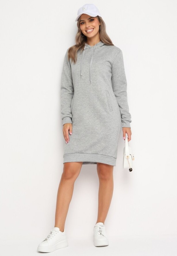 Jasnoszara Tunika Bluza z Bawełną Kapturem i Sznurkami Mivilora