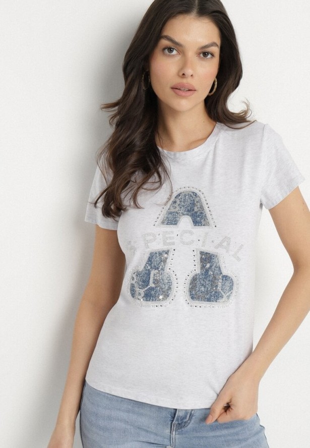 Jasnoszary Bawełniany T-shirt Ozdobiony Napisem i Cyrkoniami Isnorea
